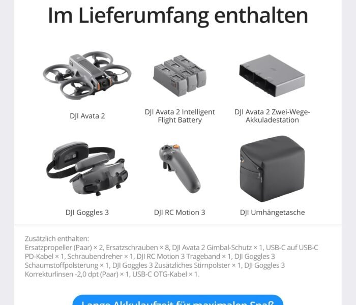 DJI Avata 2 Fly More Combo (3 Akkus), FPV-Drohne mit 4K-Kamera, 69 Minuten max. Flugzeit, Akrobatik auf Tastendruck, Kameradrohne mit Goggles 3 und RC Motion 3, mit Propellerschutz