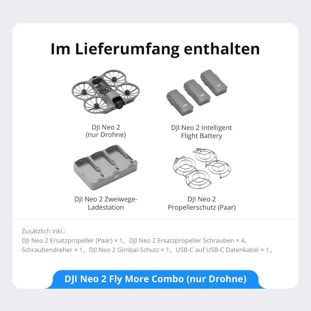 DJI Neo 2 Fly More Combo mit Zubehör (nur Drohne), 4K-Drohne für Einsteiger, Start und Landung auf der Handfläche, Gestensteuerung, ActiveTrack, Omnidirektionale Hinderniserkennung (Neo 2 Combo)